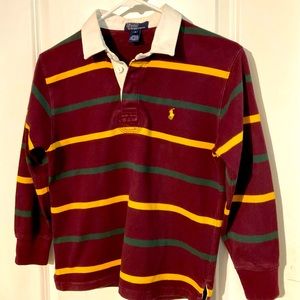 🔥🏇Polo Ralph Lauren Boy Burgundy, Yellow, and Green Striped Long Sleeve Shirt